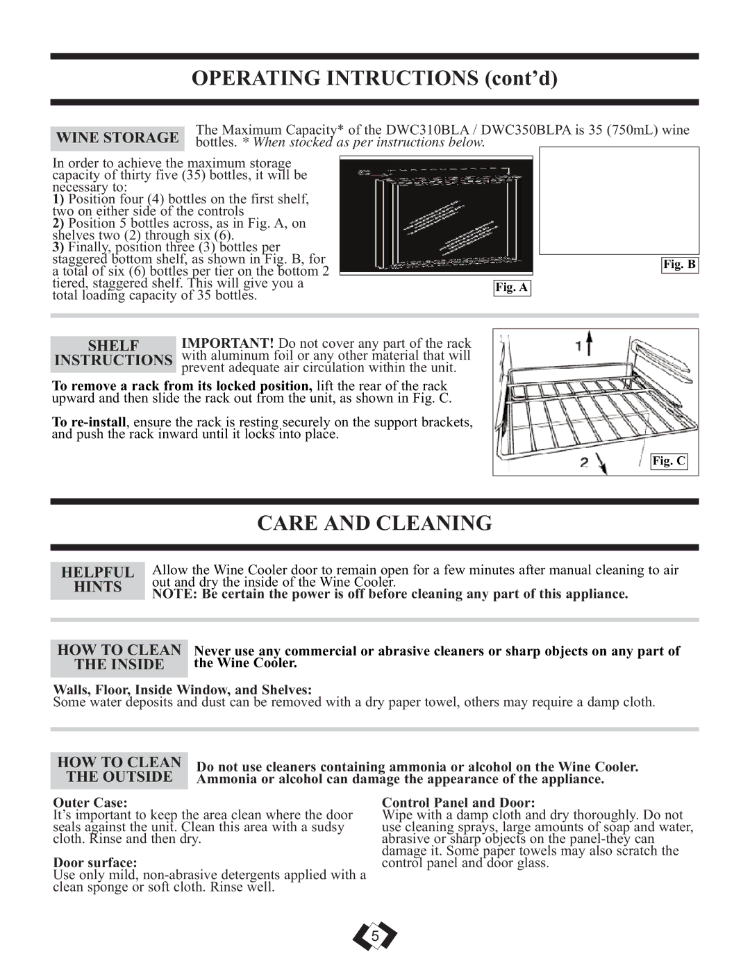 Danby DWC350BLPA installation instructions Care And Cleaning 